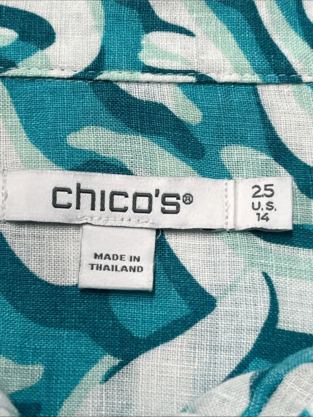 CHICO'S Palm Beach Cruise 100% Linen Teal/White Button-Up 3/4 SLV Palm Blouse 14